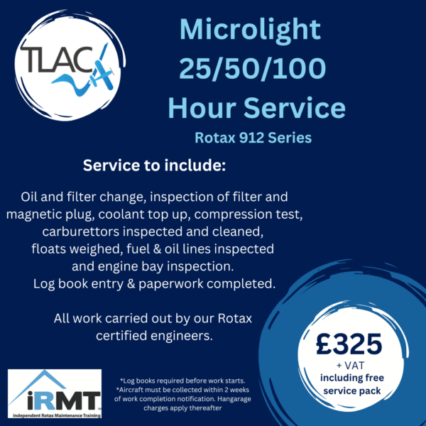 Microlight 25 / 50 / 100 hour service- Rotax 912 Series (Shark excluded due to aircraft complexity)
